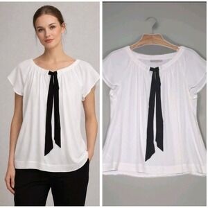 Ann Taylor LOFT Ivory & Black Bow Tie Front Blouse Size XL Semi Sheer Chiffon